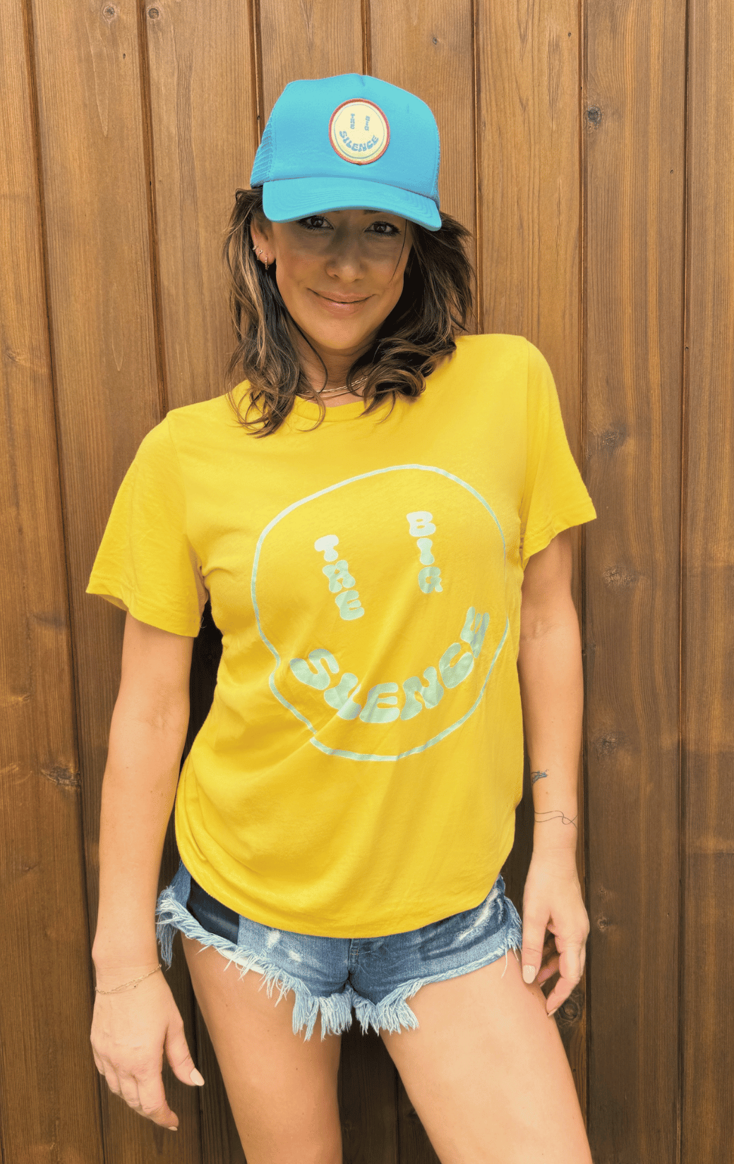 The smiley tee in summer yellow with sea foam green transfer print