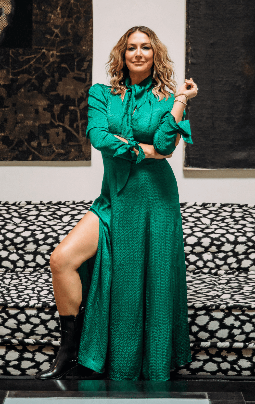 Karena Dawn in green dress at her home