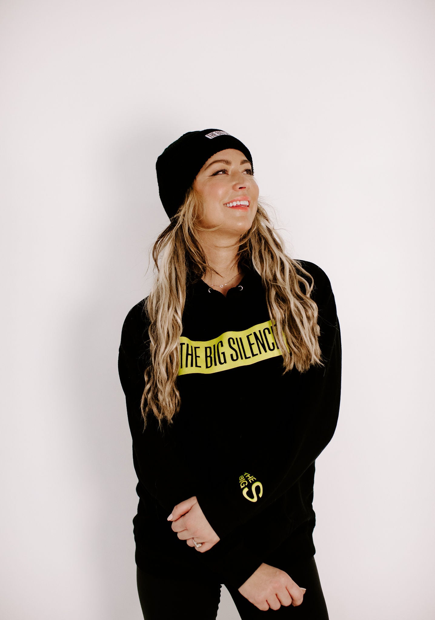 Karena in the pullover hoodie with wrist detail