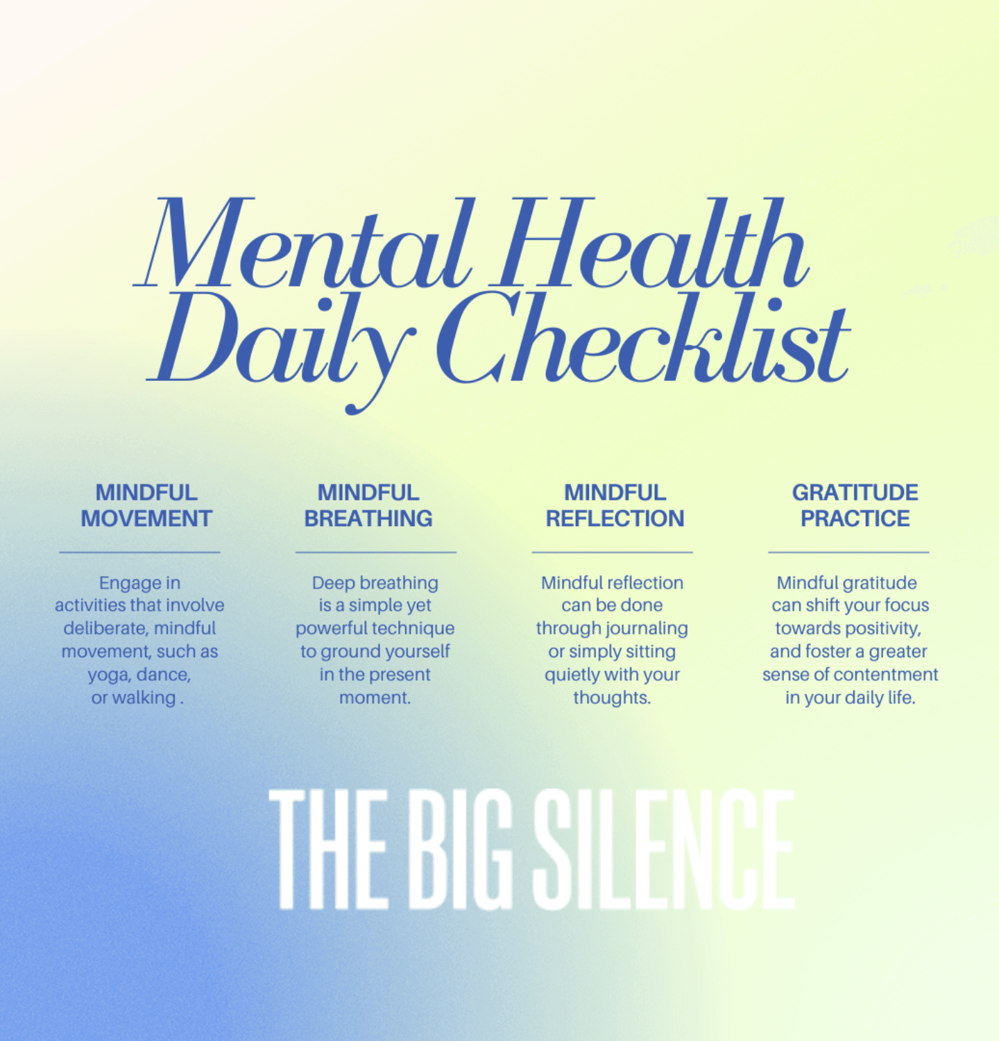 Blue and yellow background with text featuring suggestions for daily mental health management