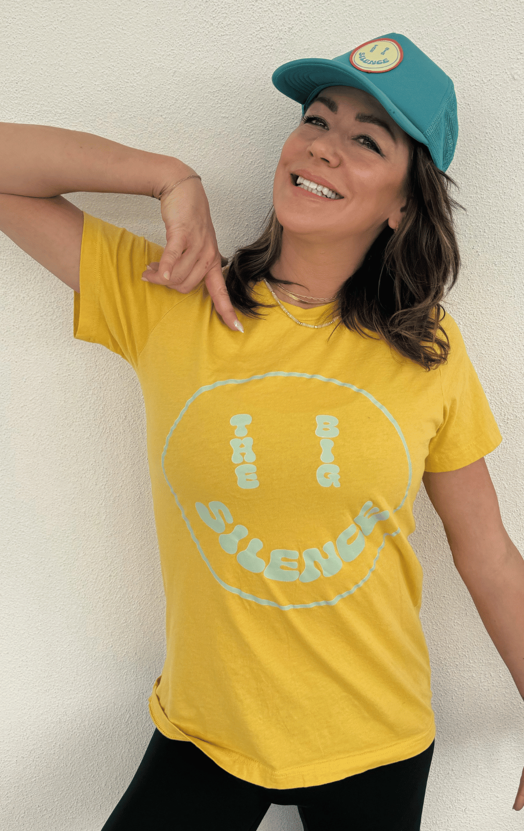 The smiley tee in summer yellow with sea foam green transfer print
